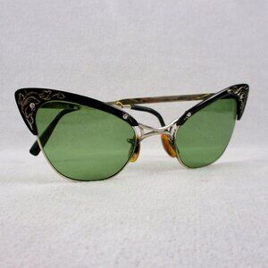 Vintage Cat Eye Sunglasses Gold Filled 1950s Green Lens Catseye Black and Gold